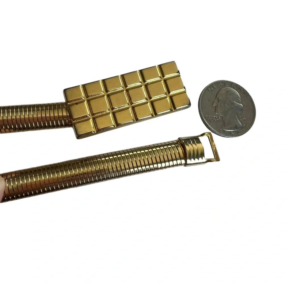 Vintage 70s Goldtone Thin Stretch Waist Belt with Grid Buckle